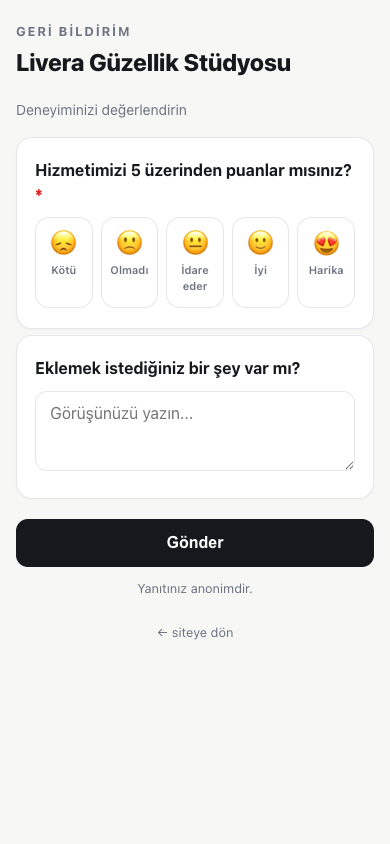 Salonun QR geri bildirim ekranı: müşteri hizmeti 5 üzerinden puanlıyor, yanıt anonim