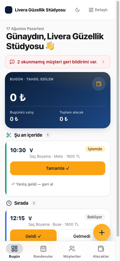 Vitrinhan panelinde bir güzellik salonunun 'Bugün' ekranı: günün satışı, tahsilatı ve okunmamış müşteri geri bildirimi