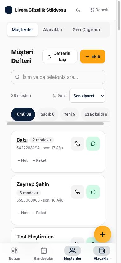 Vitrinhan müşteri defteri: sadık, yeni ve uzak kalmış müşteri grupları, son ziyaret tarihleriyle