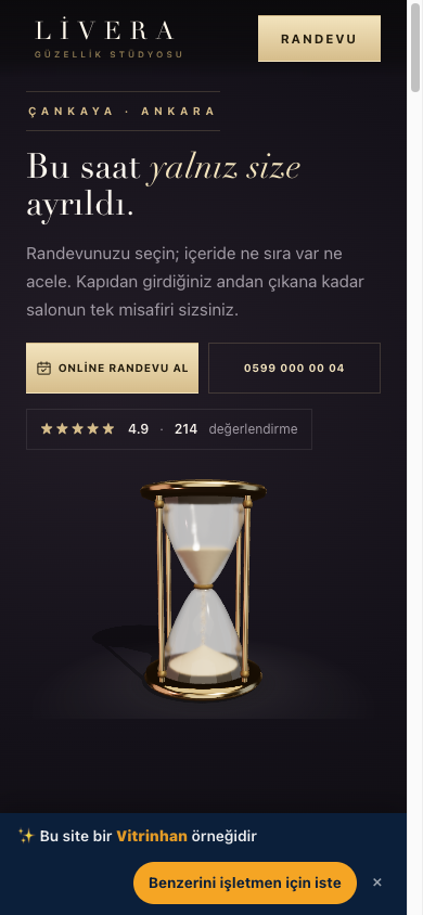 Bir güzellik salonunun Vitrinhan dijital vitrini: kendi adresinde, online randevu ve puanıyla şık mobil sayfa